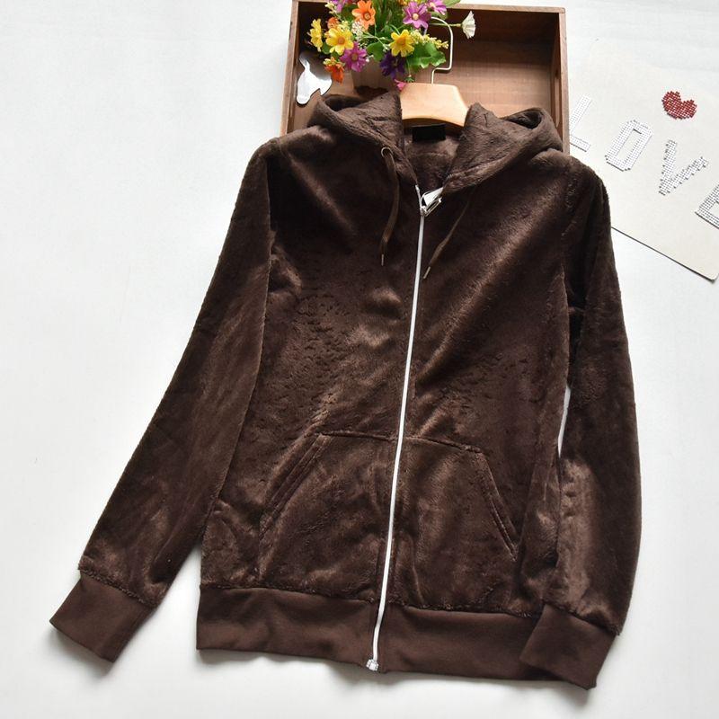 

Японский бархатный спортивный топ с капюшоном на молнии в стиле кэжуал Coffee M