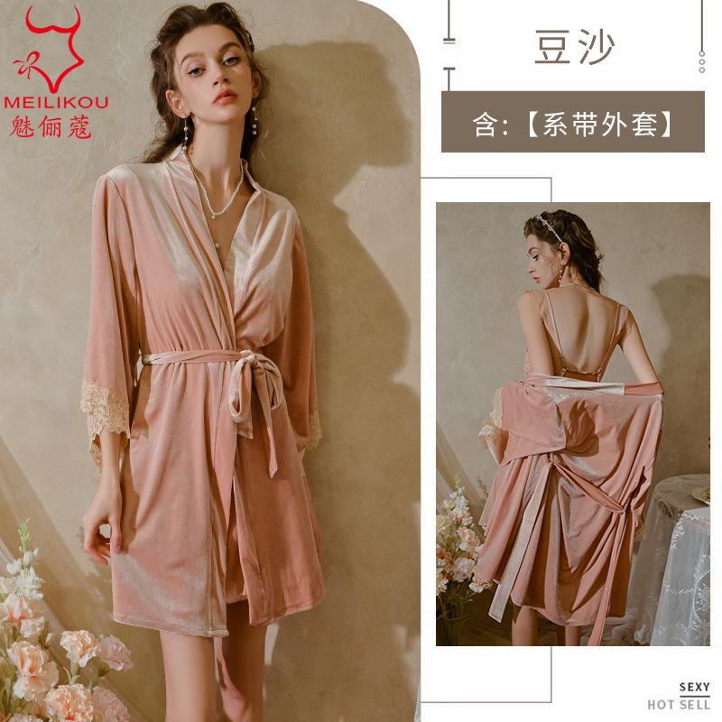 Sexy Pajamas New Golden Velvet with Chest Pad Seductive Lace Suspender Nightdress Loungewear Women