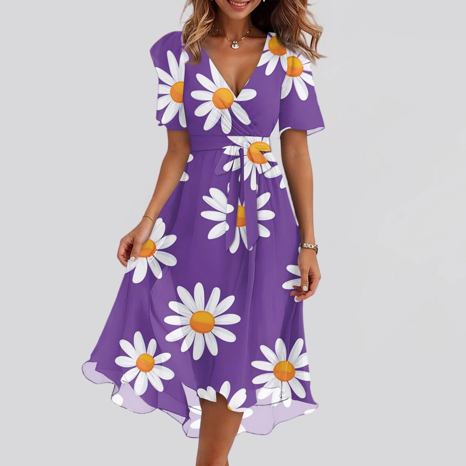 

Женский летний повседневный сарафан миди с цветочным принтом, запахом, V-образным вырезом, оборками, капюшоном, короткими рукавами, поясом, А-силуэта, с оборкой по подолу M фиолетовый