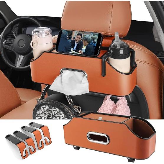 Car Back Seat Organizer with 2 Drink Cup Holder - Tissue Box and Storage Box Hook - Multi-Functional Storage - Great for Kids and Travel (Beige)