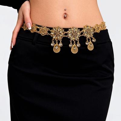 Metal Flower Waist Chain Rhinestone Hollow Out Belt Vintage Belly Chains  Dance Dress
