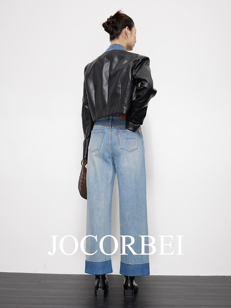 JOCORBEI Contrast Color High-Waist Wide Leg Jeans for Petite Women