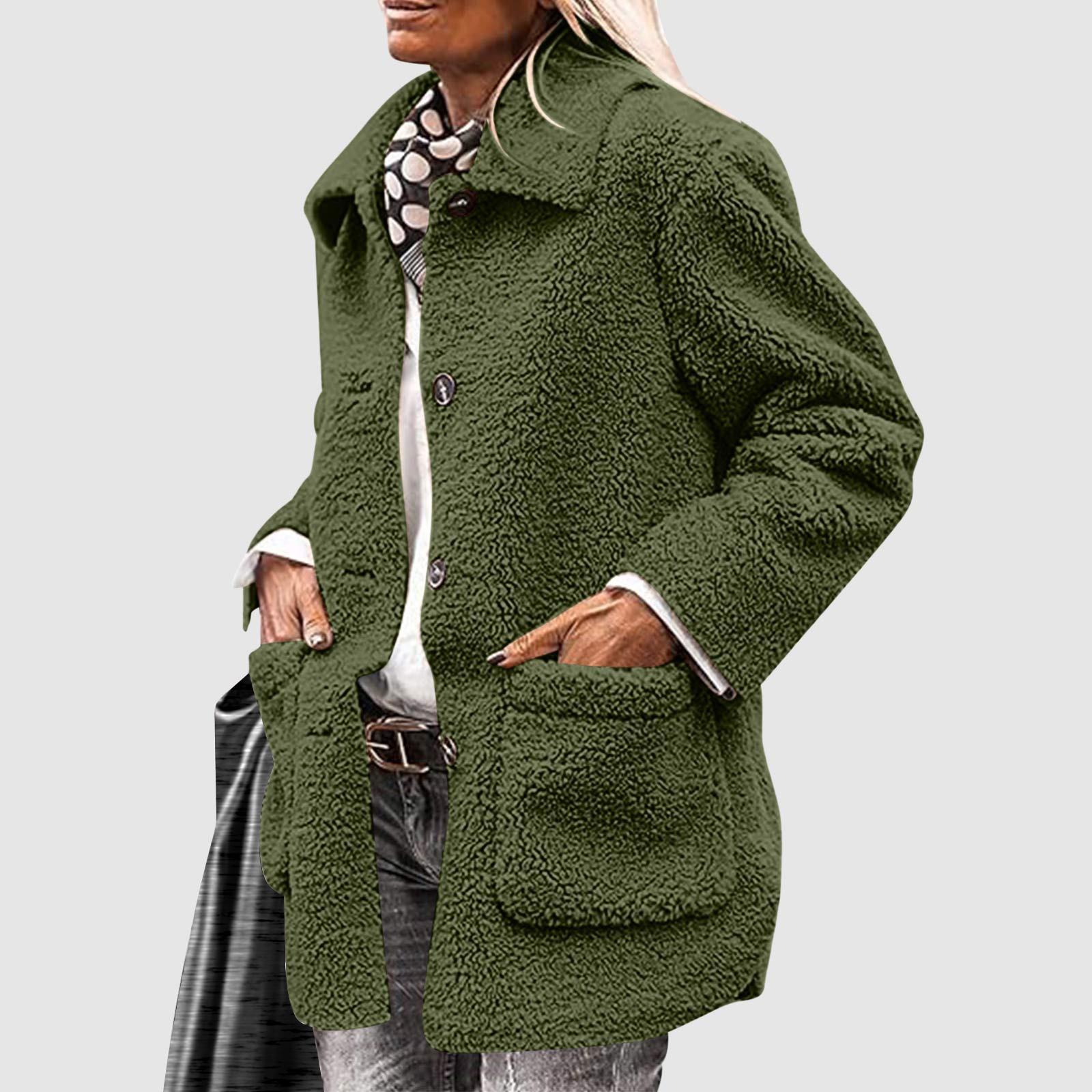 

Женские зимние пальто с длинным рукавом, лацканами, карманами на пуговицах, флисовая куртка, повседневная модная верхняя одежда S зелёный