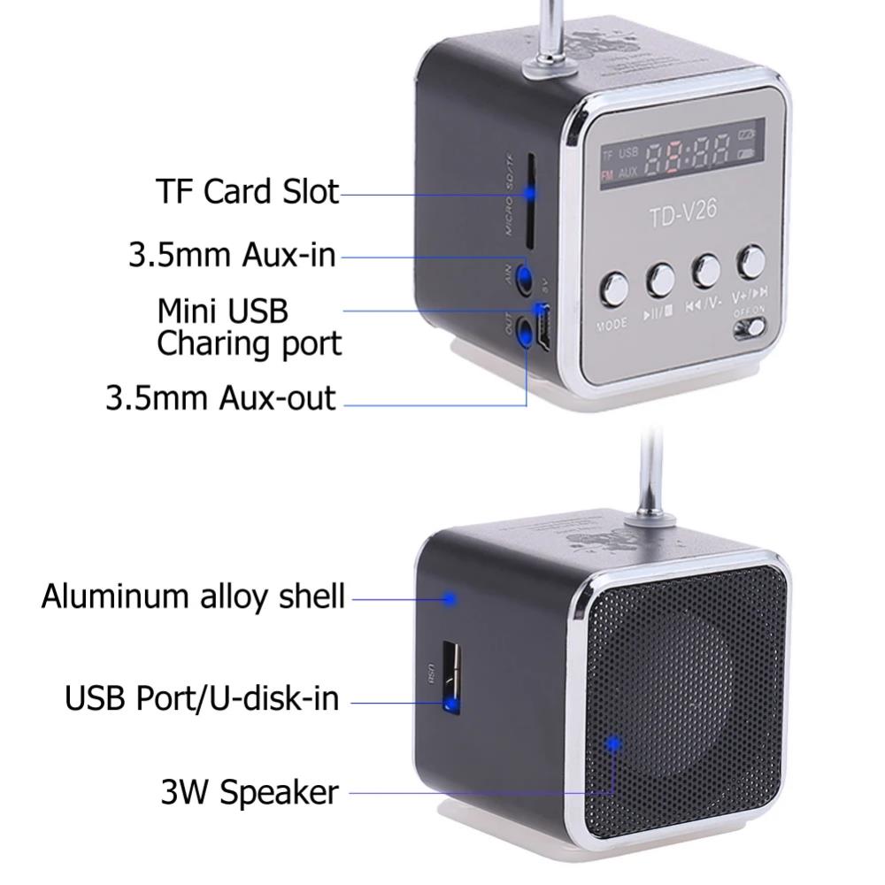 TD-V26 Portable Mini FM Radio Micro Treble Bluetooth Portable Voice For Computer Mobile Phone MP3 Music Support Micro TF SD Card