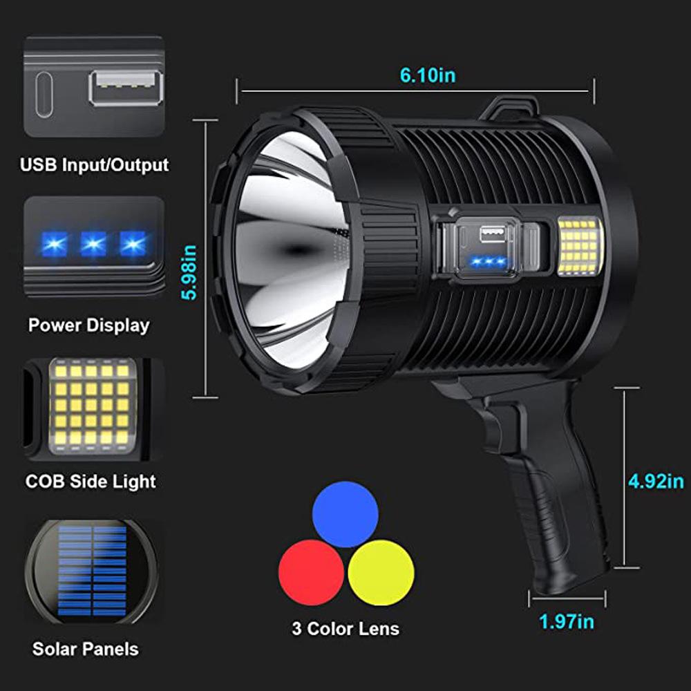 LED Super Bright Concentrated Solar Flashlight with 1 Color Filters Rechargeable Handheld Searchlight Outdoor Camping Hunting