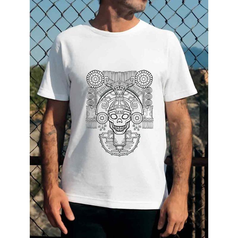 European sizes Men S Aztec Skull Day of the Dead T-Shirt with Black Aztec/Mayan Print - Mexican Cultural Graphic Tee for Casual & Themed Events S