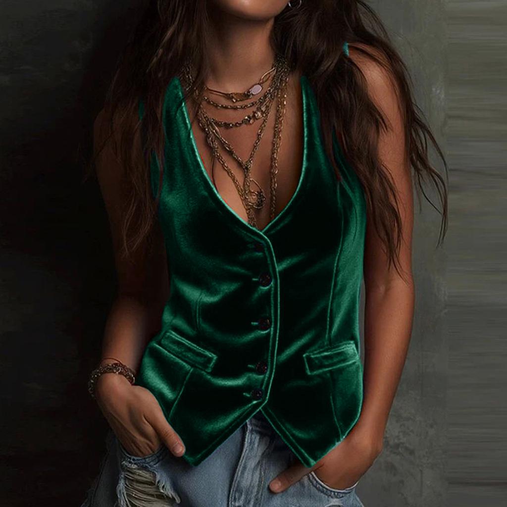 Women's Velvet Sleeveless Button Down Vest V-Neck Casual Solid Color Tank Tops