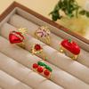 HECHENG, Enamel Red Drip Oil Adjustable Open Ring Sweet, Cute, Romantic Strawberry Cherry Ladies Zircon 1 Piece