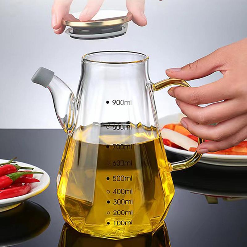 Glass Oil Pots 500/700/900Ml Leak Proof Diamond Oil Bottle With Scale/Lid Kitchen Soy Sauce Vinegar Condiment Storage Container