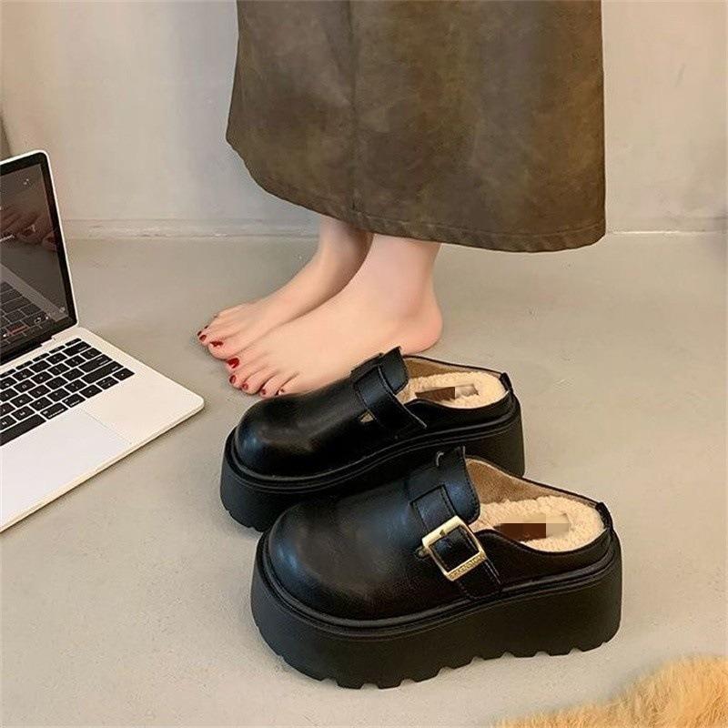 One-pedal Leather Slippers Women's Autumn and Winter New Heightened Thick-soled Velvet Lazy Bag Head Half Slippers