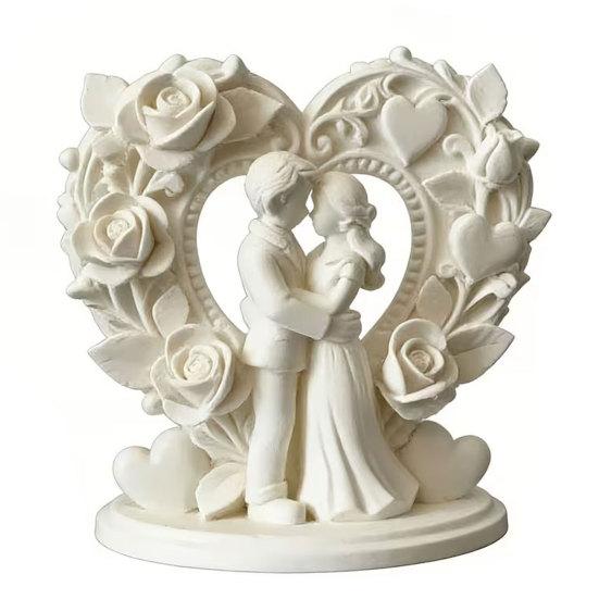 3D Printed Couple Sculpture, Wedding Cake Topper, Romantic Rose Heart Hugging Lovers Figurine, Mini Desktop Ornament, Exquisite Anniversary