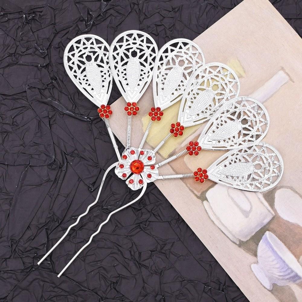 Crystal Rhinestone Flower Hairpin Metal Ethnic Headdress Jewelry Thai Style Leaf Hair Stick  Party