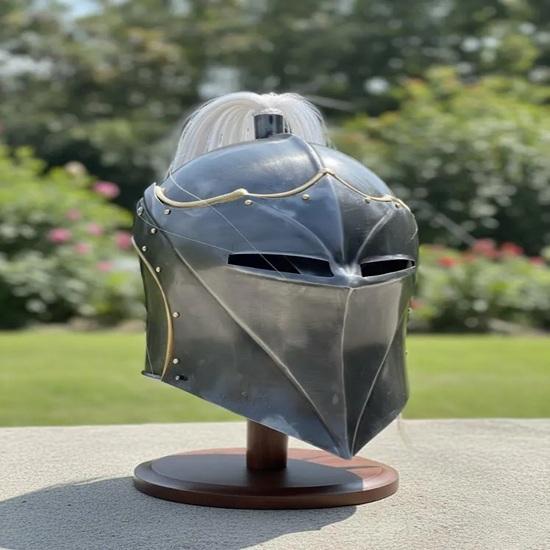 Medieval Winged Knight Helmet, Brass Finish Helm with Visor Plume Steel Trim Gothic Renaissance Cosplay Display Gift