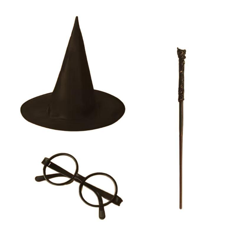 Halloween Wizard Costume Accessory Set Black Witch Hat Round Glasses Magic Wand Cosplay Props For Themed Party Fanc