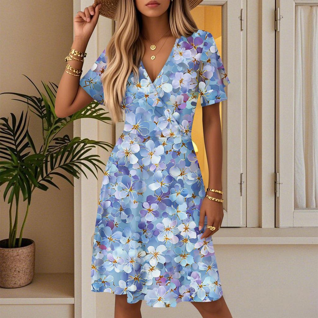 Women's Fashion Short Sleeve Wrap Sundress V-Neck Floral Print Dresses