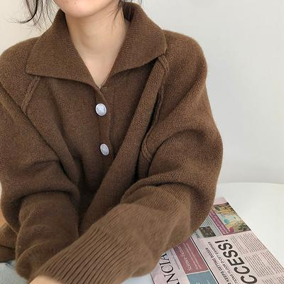 Women's Loose Sweater Coat Solid Color Button Lapel Knitted Top