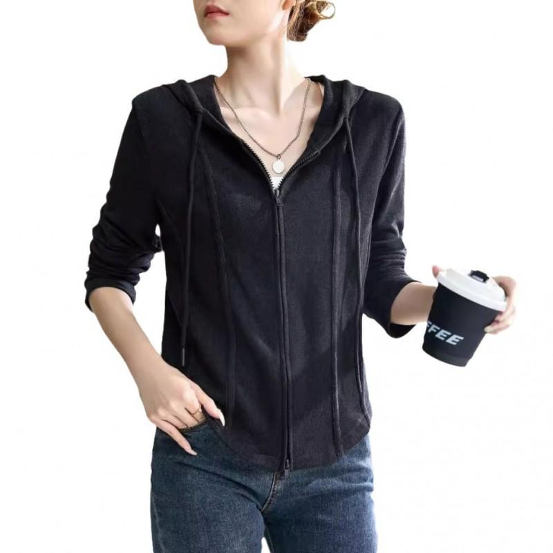Womens Hooded Zip-Up Sweatshirt Loose Fit Casual Long Sleeve Top In Solid Colors