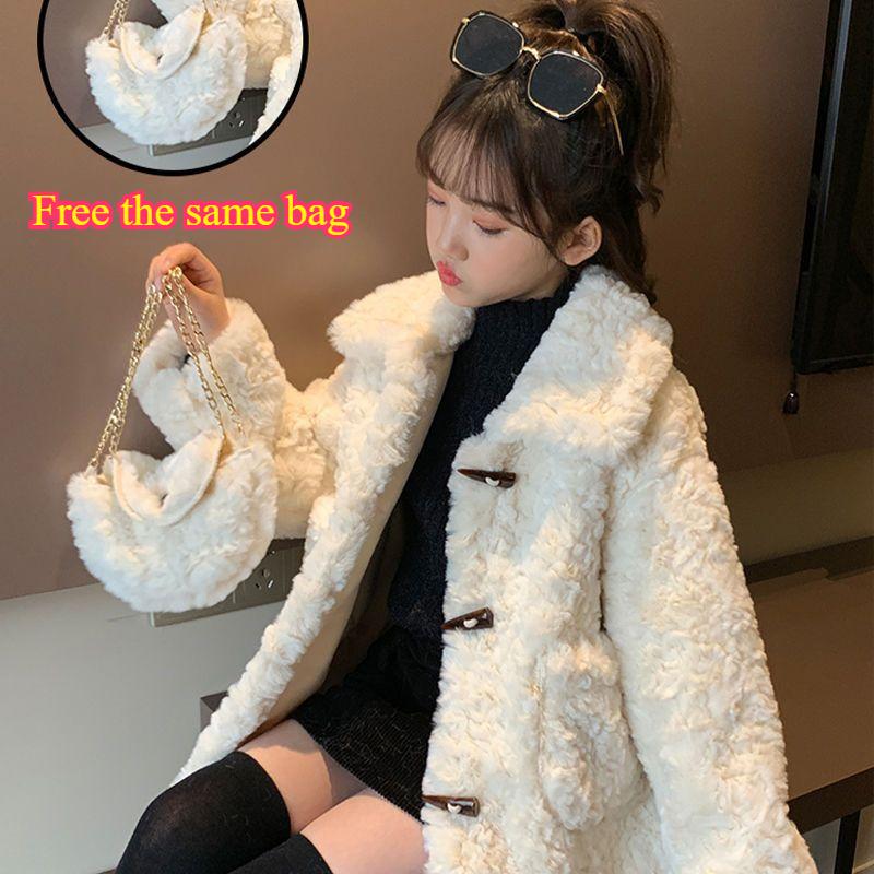 

Куртка из овечьей шерсти для девочек, осенняя и зимняя одежда, модная детская куртка из меха, утолщенная и бархатная 160 белый
