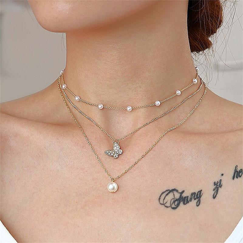 Japanese and Korean ins small fresh and sweet pearl temperament collarbone chain charm necklace jewelry women's multi-layer simple butterfly