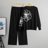 Autumn and Winter Chic Flower Design Round Neck Long Sleeve Hot Diamond Pullover Sweater Wide Leg Pants Two-piece Set