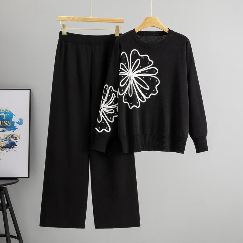 Autumn and Winter Chic Flower Design Round Neck Long Sleeve Hot Diamond Pullover Sweater Wide Leg Pants Two-piece Set