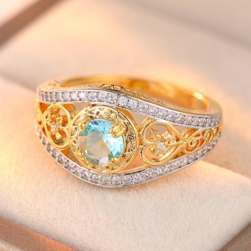 Vintage Inlaid White Blue CZ Women's Ring Gorgeous Two Color Hand Carving Daily Wear Party Jewelry Anniversary Gift