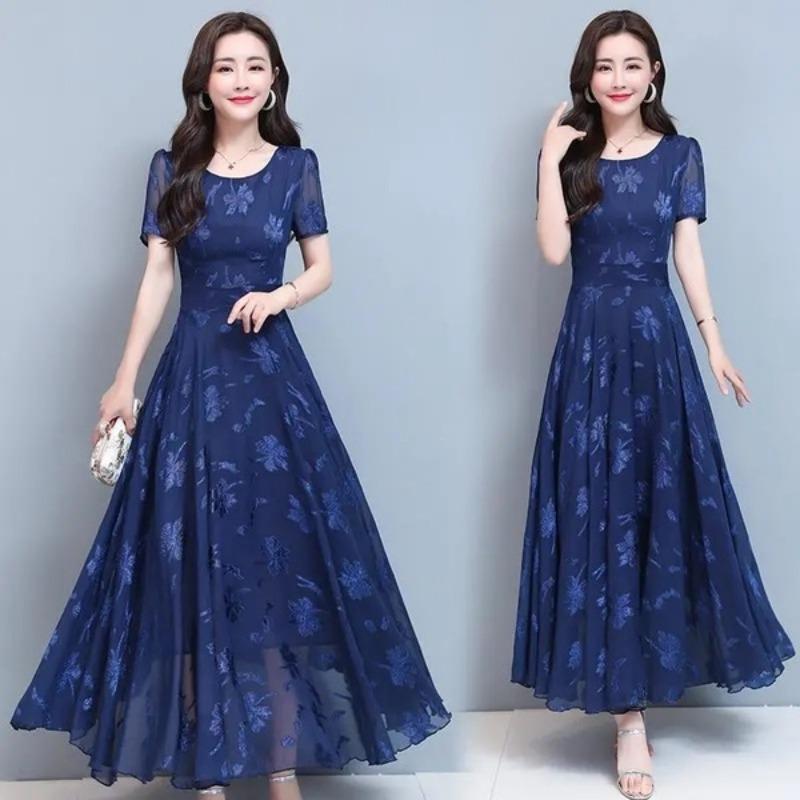 Summer New Women's Short Sleeve Printed Dress Slimming Waist Flared Long Skirt Korean Style Elegant Fashionable Casual Dress