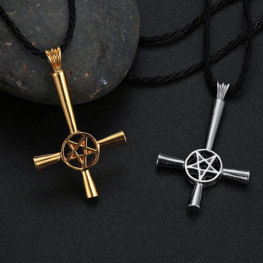 Kinitial Retro Inverted Pentagram Cross Necklaces Upside Down Lucifer Satan Satanic Symbol Pendant Necklace for Man Punk Jewelry