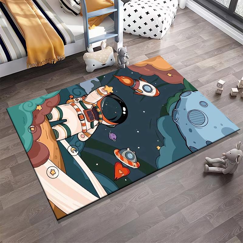 Cartoon Astronaut and Rocket Space Theme Area Rug for Kids Room Decor Suitable for use as an anti-slip for living room bedroom sofas