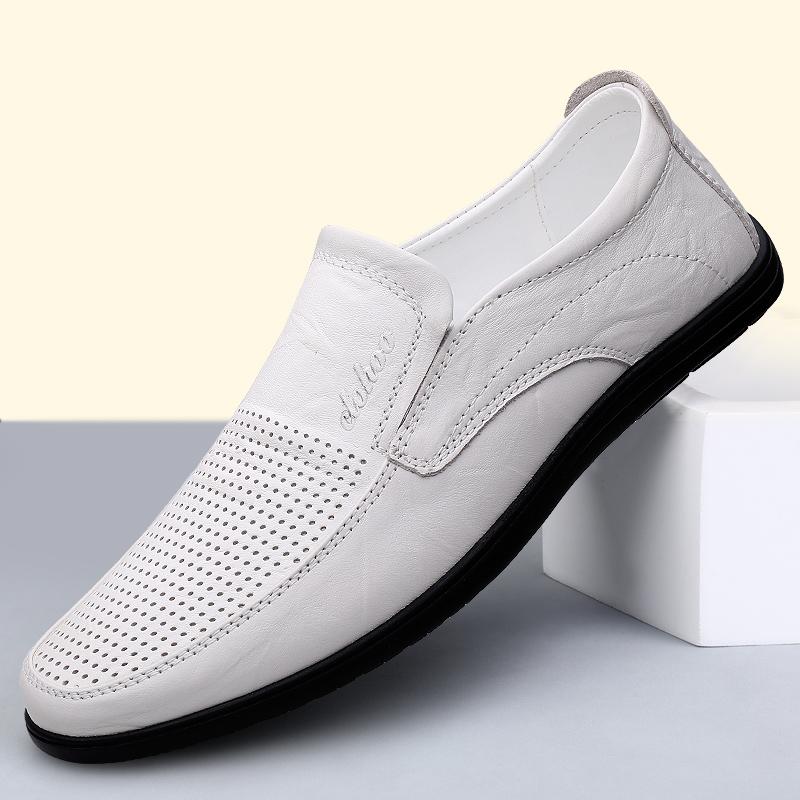 Men's Leather Casual Shoes Breathable Hollow Slip on Lazy Driving Shoes Office Fashion Shoes