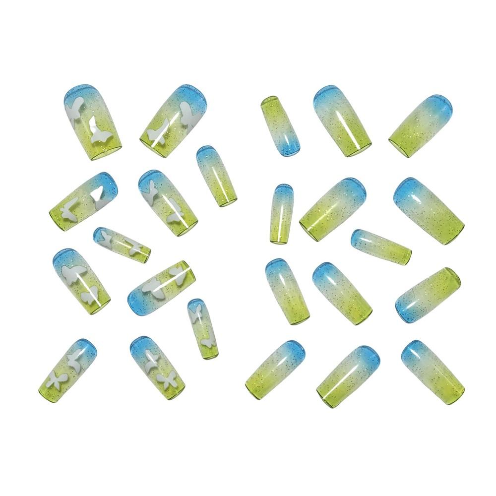 Blue And Green Gradient Wearable Nails Long Butterfly Manicure Fake Manicure Nails