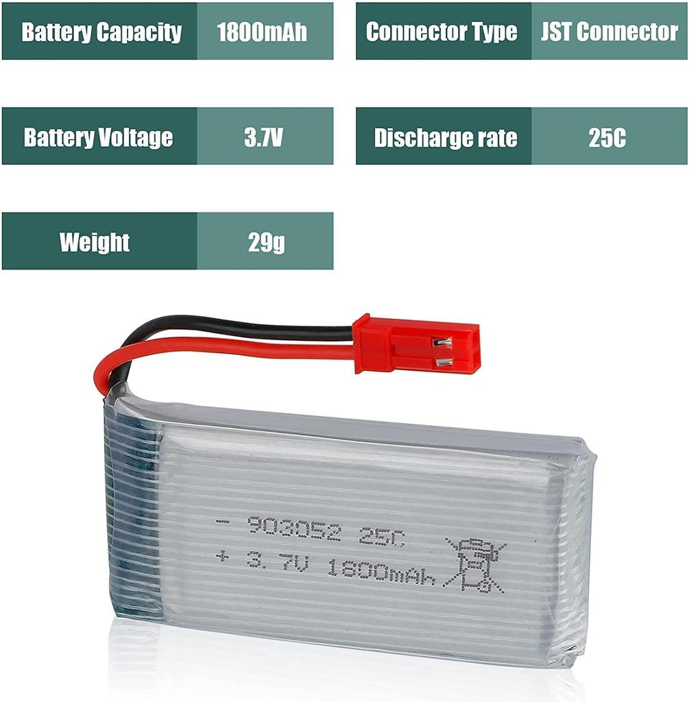2-Pack Li-Po Batteries 3.7V 1800mAh 25C with JST Plug | Compatible with JJRC H11D, H11C, HQ898B RC Helicopter | High Capacity, Optimal Performance