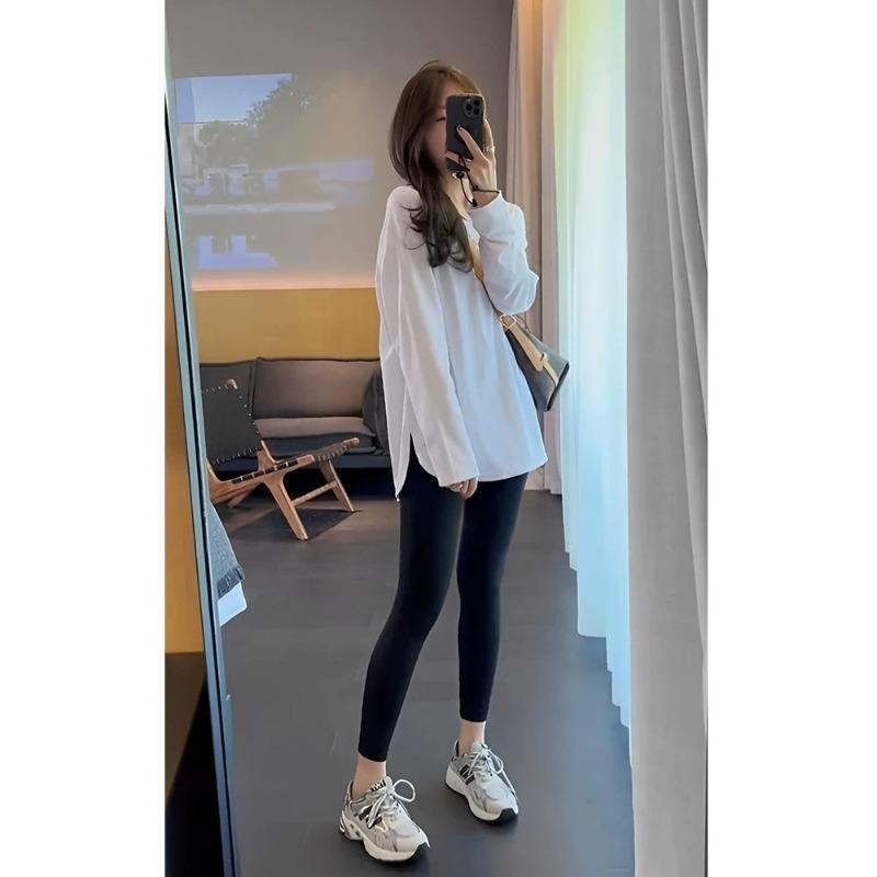 

Белая базовая рубашка средней длины для женщин, прикрывающая ягодицы, толстовка с многослойной футболкой с длинными рукавами, топ с акульими штанами XXL