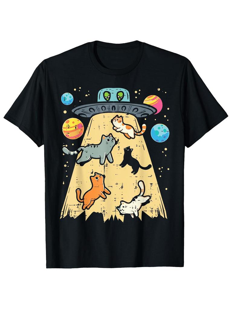 Alien Catching Cat UFO Space Galaxy Pattern T-Shirt - Round Neck