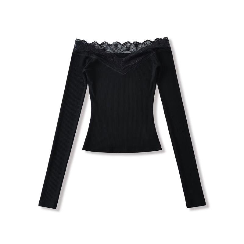 Spicy Lace Off-Shoulder Crop Top: Women's One-Shoulder Long-Sleeve, Waist-Cinching, Sexy Style.