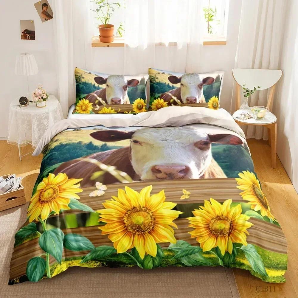 Niedlicher Kuhdruck Bettbezug Queen Kawaii Hochlandkuh Bettwäscheset Bettbezug Laken Bedruckter Kissenbezug Bett Voll Queen King Size