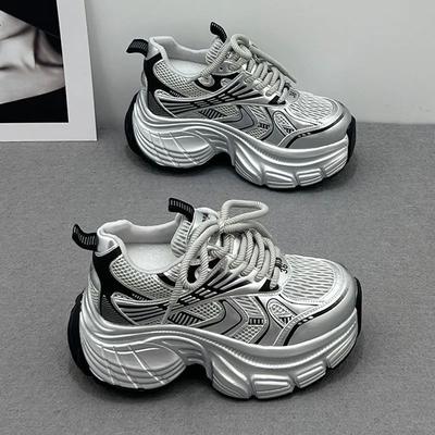 Silver Stacked Inner Height-increasing Women's Shoes, New Autumn Platform Muffin Sports and Leisure Dad Shoes