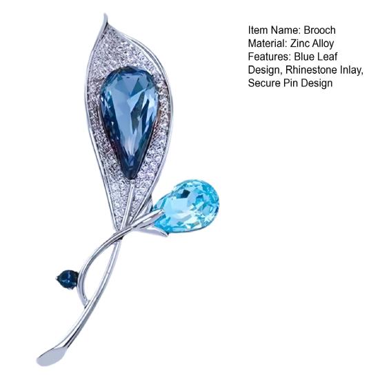 Women Brooch Blue Leaf Zinc Alloy Pin with Rhinestone Inlays Dazzling Sweater Coat Dress Badge Versatile Jewelry Accessory