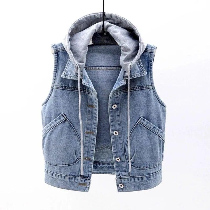 Gilet di jeans da donna Primavera Autunno Abiti senza maniche Top selvaggi Giacca corta con cappuccio Donna Gilet di jeans denim Giacca femminile