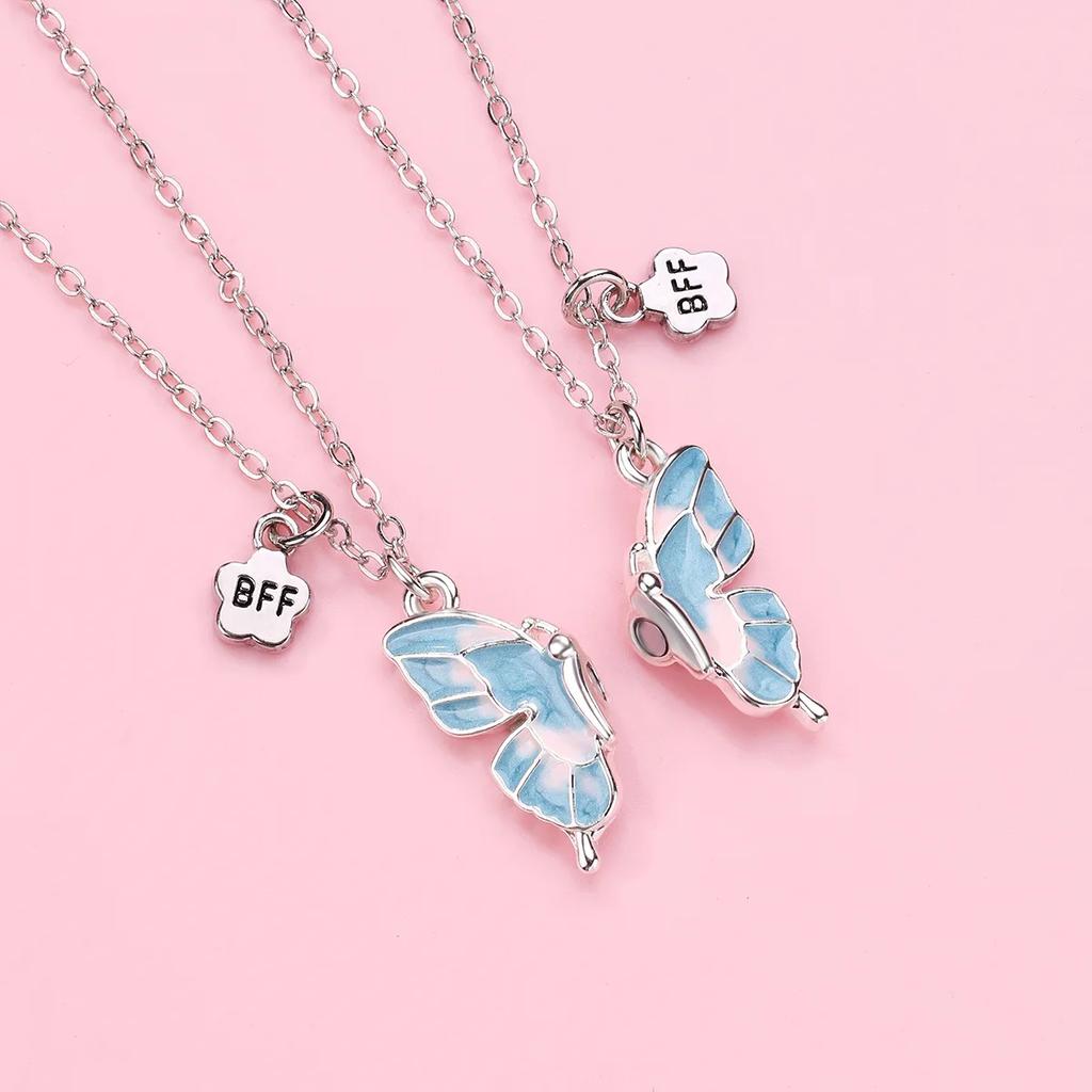 2 Pcs Hot Selling Butterfly Necklace Fashion BFF Friend Necklace Set Exquisite Alloy Magnet Necklace Jewelry Personalized Gift