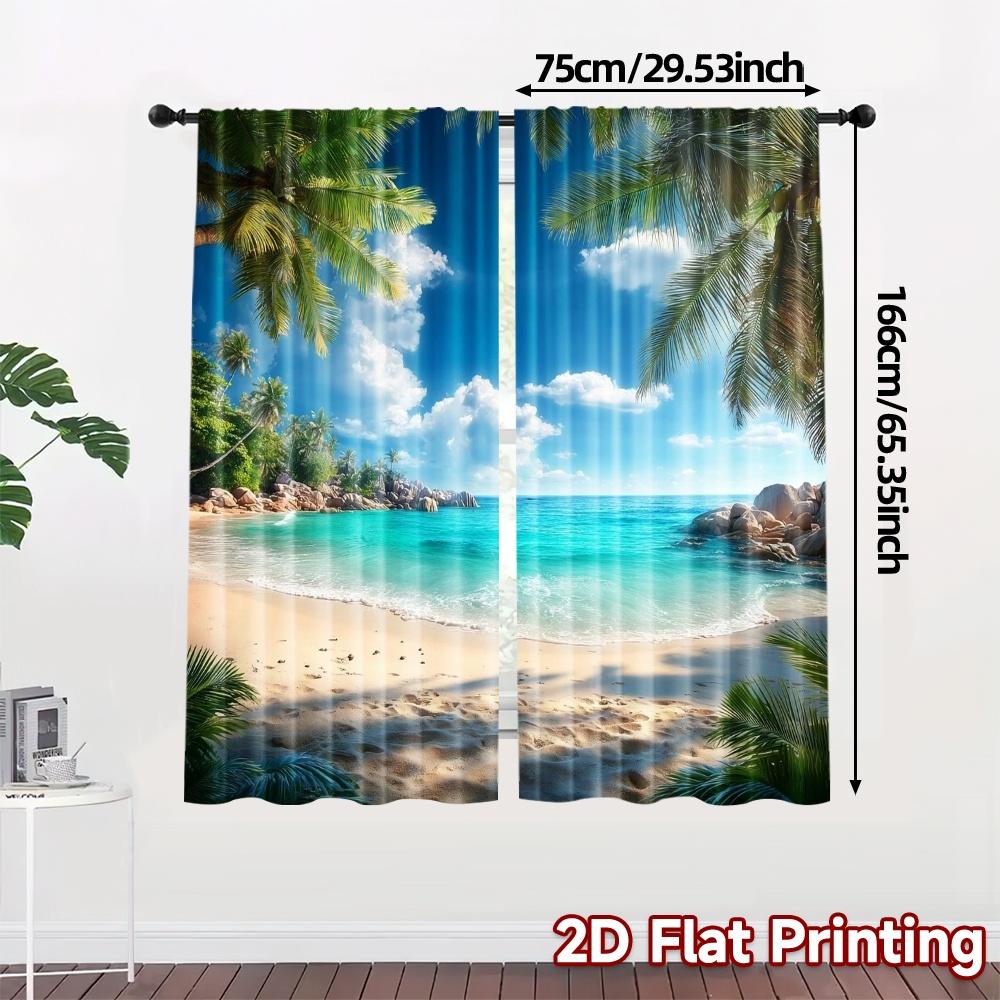 2Pcs Polyester Tropical Beach Paradise Printing Window Curtains Birthday Party Decoration Backdrop Drapes for Living Room
