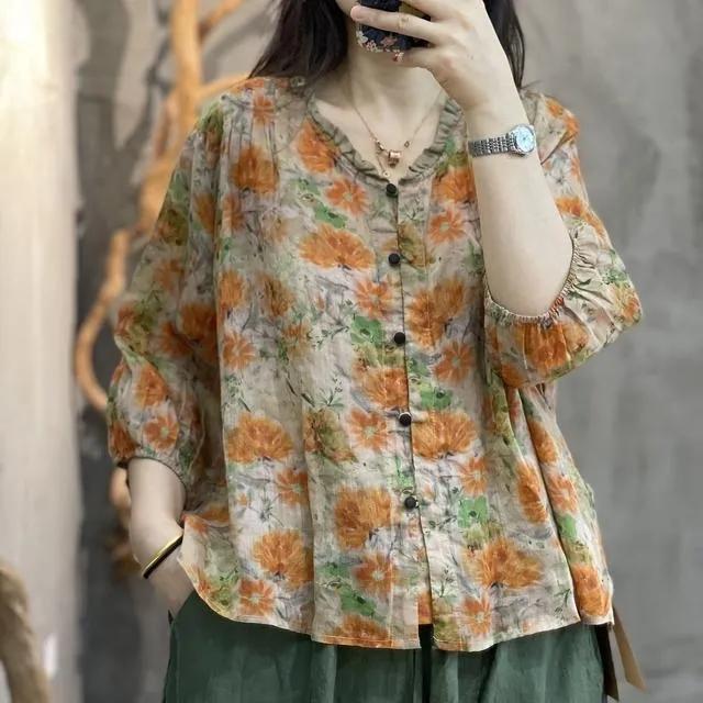 Women S Summer Loose V Neck Ruffle Print Shirt Blouse L оранжевый