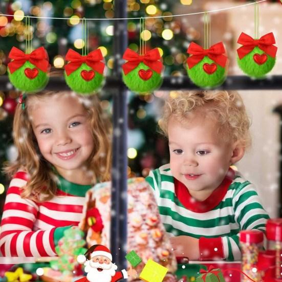 10 Pcs Green Furry Christmas Ball Ornaments with Red Bow Soft Faux Fur Pom Pom Ball Hanging Decorations for Holiday Tree Decor