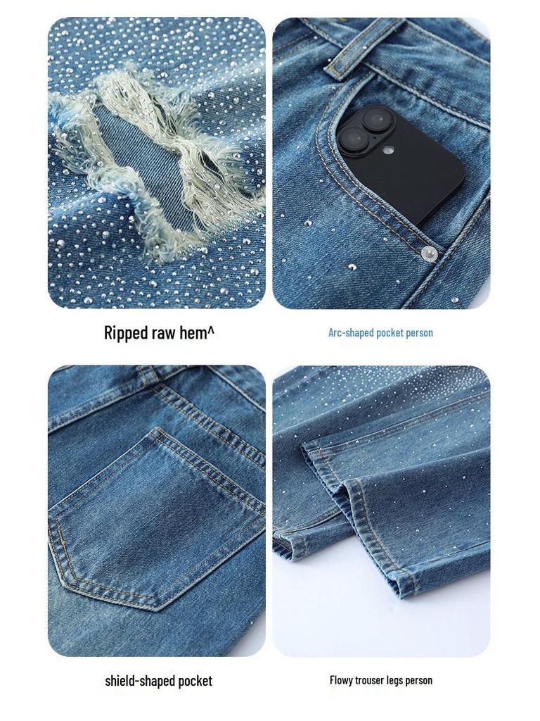 Starry Sky Rhinestone Ripped Floor-Length Jeans for Women