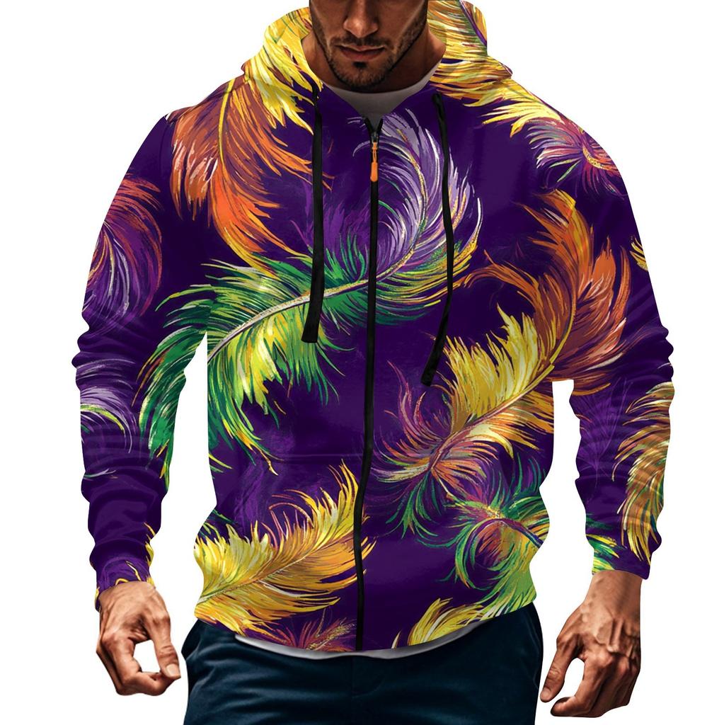 Men's Sports Casual Fleece Hoodie Carnival Print Hoodie Cardigan Zipper Multi-pocket Hoodie Coat