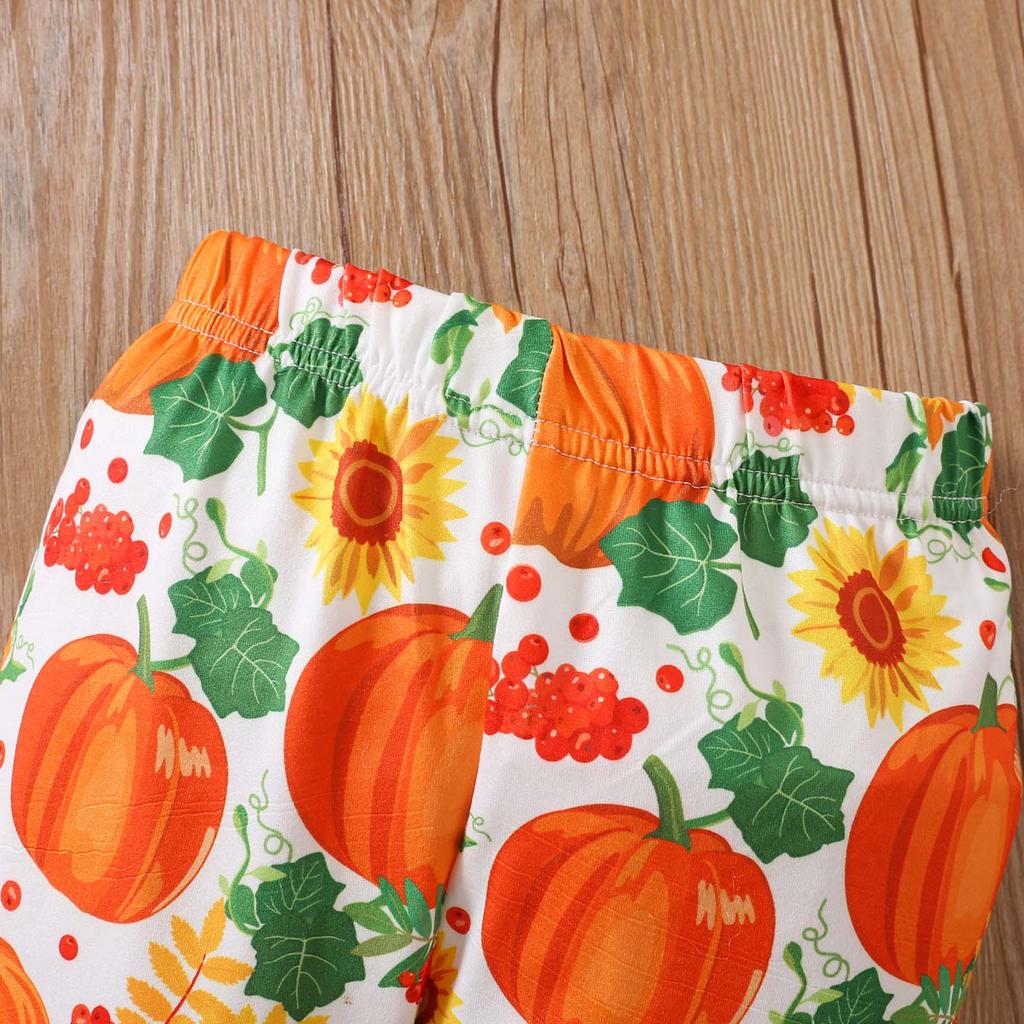 Kids Girls Halloween Outfit Spring Autumn Long Sleeve Pumpkin Printed Skirt Pants Two Piece Set Fashion Casual Children Clothing