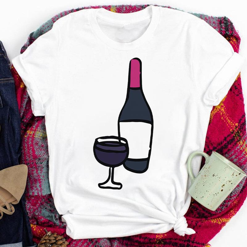 Red Lips Drinking Red Wine Women Printed Short Sleeve Casual Cartoon Fashion Clothes Print Tee Top Tshirt Female Graphic T-Shirt