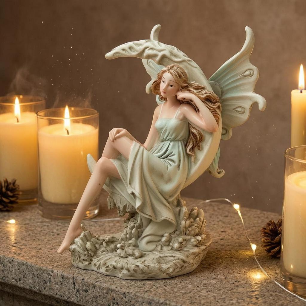 Figurina Incantatrice Luna Verde Pallido e Curva Ornamento Fatato Resina