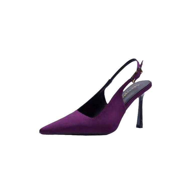 Poplar forest high heels of the same style 2025 spring foreign trade new purple satin pointed thin heel bag head empty single shoes