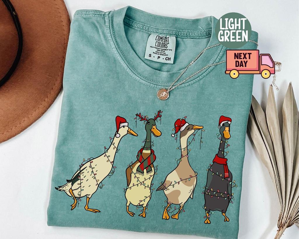 Comfort Colors® Christmas Ducks Shirt, Duck Christmas Shirt For Women, Funny Animals Christmas Shirt, Farm Lover Gift, Christmas Light Shirt